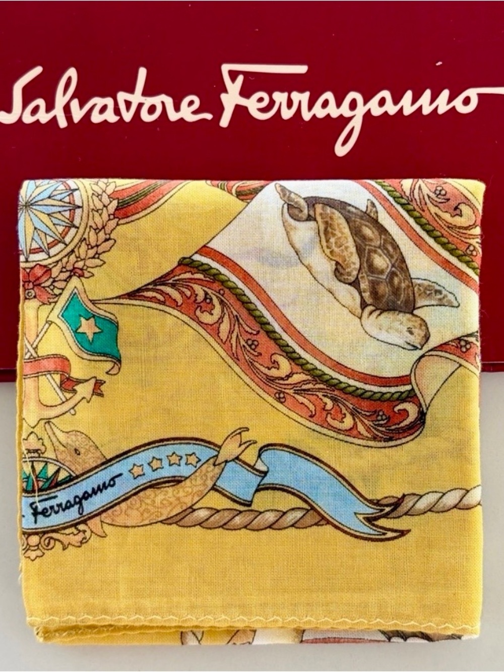 Ferragamo Pocket Square 17” Cotton Nautical Handkerchief Vintage and New in Box